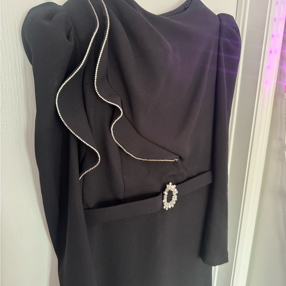 Black Long Sleeve Ruffle Detail Dress with Rhinestone Buckle
